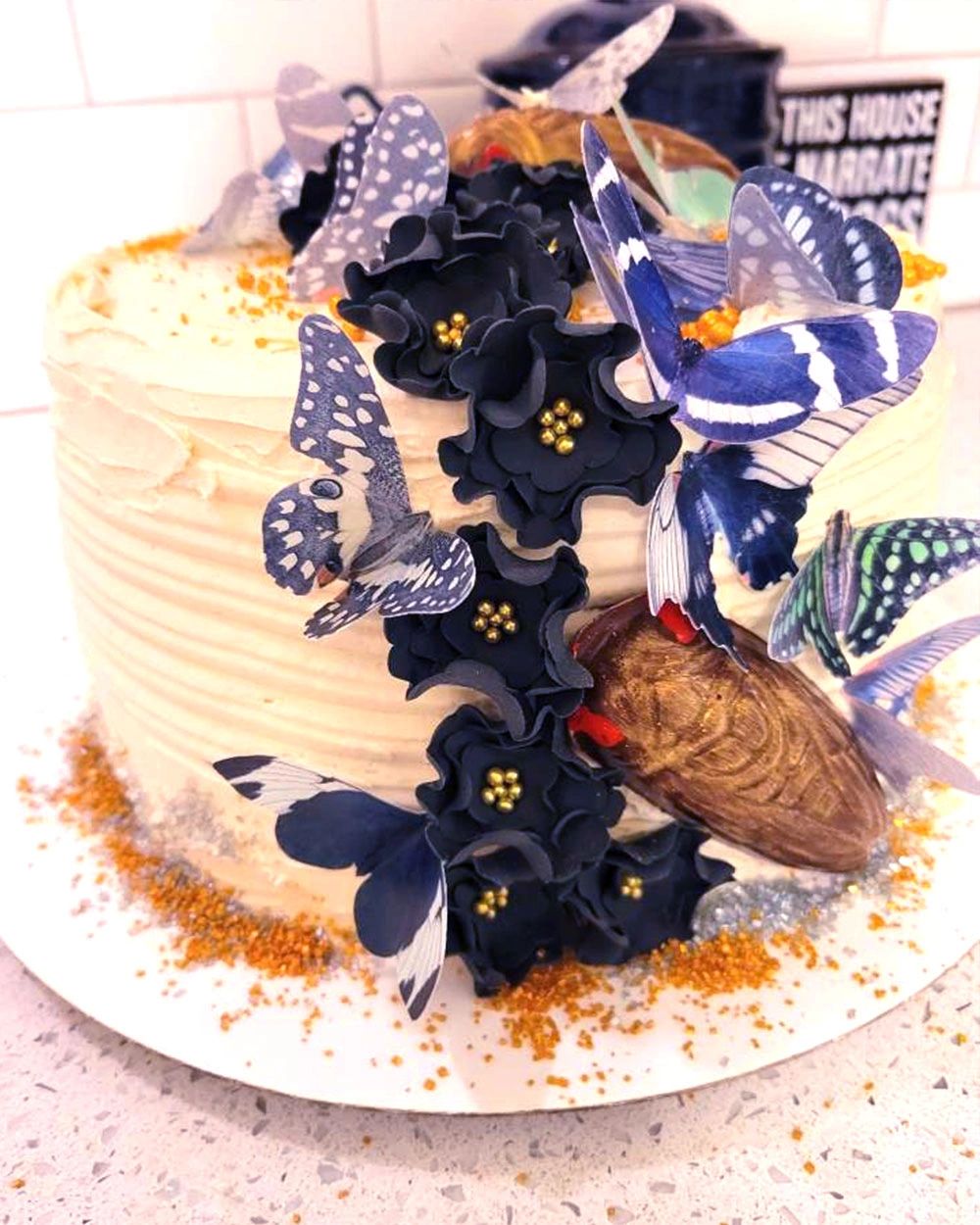 Black Edible Butterflies and Moths Cake